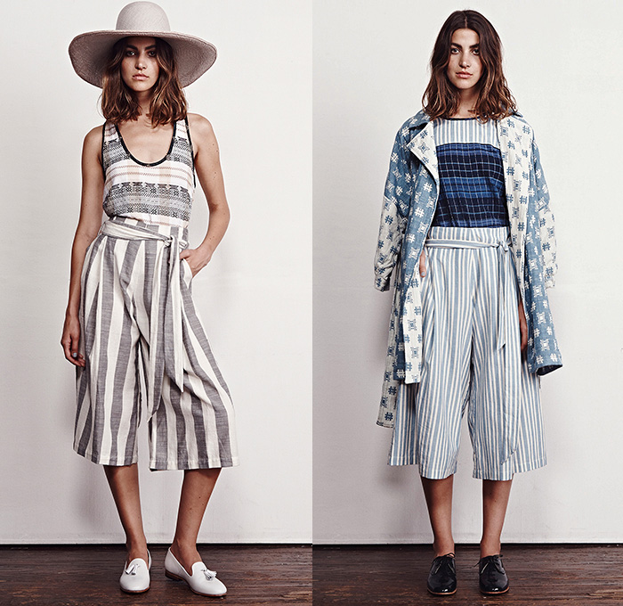 Ace + Jig 2015 Spring Summer Womens Lookbook Presentation - Designers Cary Vaughan Jenna Wilson - Woven Yard Dye Jumpsuit Crop Top Midriff Stripes Romper Combishorts Brace Suspenders Shorts Culottes Gauchos Lace Up Plaid Grid Squares Sleeveless Tanktop Sash Waist Beach Pajamas Loungewear Robe Wrap Skirt Frock Maxi Dress