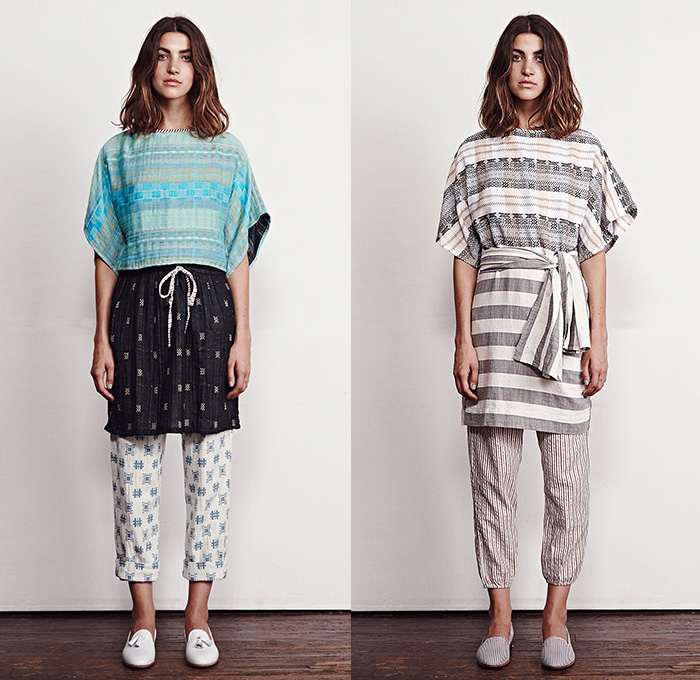 Ace + Jig 2015 Spring Summer Womens Lookbook Presentation - Designers Cary Vaughan Jenna Wilson - Woven Yard Dye Jumpsuit Crop Top Midriff Stripes Romper Combishorts Brace Suspenders Shorts Culottes Gauchos Lace Up Plaid Grid Squares Sleeveless Tanktop Sash Waist Beach Pajamas Loungewear Robe Wrap Skirt Frock Maxi Dress