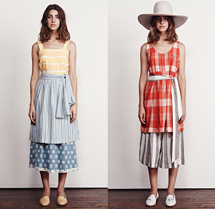 Ace + Jig 2015 Spring Summer Womens Lookbook Presentation - Designers Cary Vaughan Jenna Wilson - Woven Yard Dye Jumpsuit Crop Top Midriff Stripes Romper Combishorts Brace Suspenders Shorts Culottes Gauchos Lace Up Plaid Grid Squares Sleeveless Tanktop Sash Waist Beach Pajamas Loungewear Robe Wrap Skirt Frock Maxi Dress