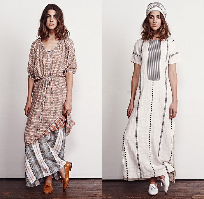 Ace + Jig 2015 Spring Summer Womens Lookbook Presentation - Designers Cary Vaughan Jenna Wilson - Woven Yard Dye Jumpsuit Crop Top Midriff Stripes Romper Combishorts Brace Suspenders Shorts Culottes Gauchos Lace Up Plaid Grid Squares Sleeveless Tanktop Sash Waist Beach Pajamas Loungewear Robe Wrap Skirt Frock Maxi Dress