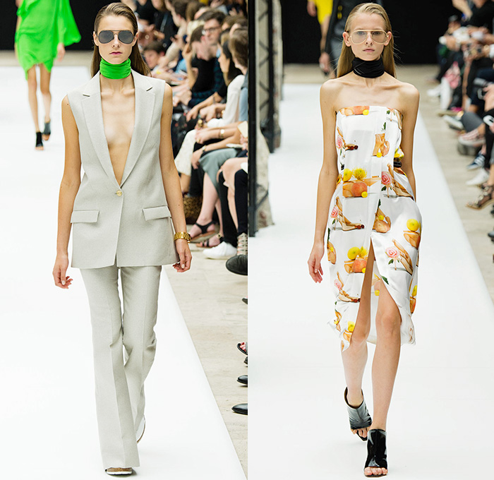 Acne Studios 2015 Spring Summer Womens Runway Catwalk Looks - Mode à Paris Fashion Week Prêt-à-Porter Mode Féminin Femme France - 1970s Seventies White Denim Jeans Flare Print Motif Graphic Fruits Heels Chain Belted Waist Blouse Waistcoat Vest Cargo Flap Pockets Scarf Choker Sheer Chiffon Leather Cutout Hem Shorts High Waist Towel Terry Cloth Coatdress Tankdress Vestdress Pantsuit Dress Drapery Outerwear Parka Coat