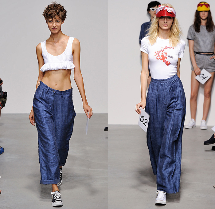 Adam Selman 2015 Spring Summer Womens Runway Catwalk Looks - New York Fashion Week - Pseudo Denim Jeans Crop Top Ruffles Midriff Wide Leg Palazzo Pants Trousers Sneakers Pearls 3D Embellishments Trucker Jacket Skirt Frock Miniskirt Tweed Silk Oversized Outerwear Bombercoat Bib Brace Jumper Romper Overalls Onesie Jumpsuit Coveralls Sweater Shorts Maillot Swimwear Swimsuit Tankdress Dress Color Streaks