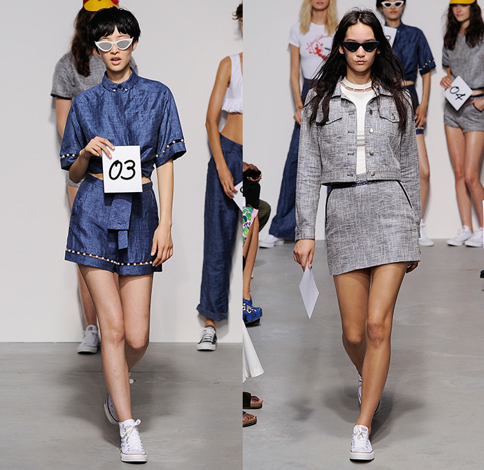 Adam Selman 2015 Spring Summer Womens Runway Catwalk Looks - New York Fashion Week - Pseudo Denim Jeans Crop Top Ruffles Midriff Wide Leg Palazzo Pants Trousers Sneakers Pearls 3D Embellishments Trucker Jacket Skirt Frock Miniskirt Tweed Silk Oversized Outerwear Bombercoat Bib Brace Jumper Romper Overalls Onesie Jumpsuit Coveralls Sweater Shorts Maillot Swimwear Swimsuit Tankdress Dress Color Streaks