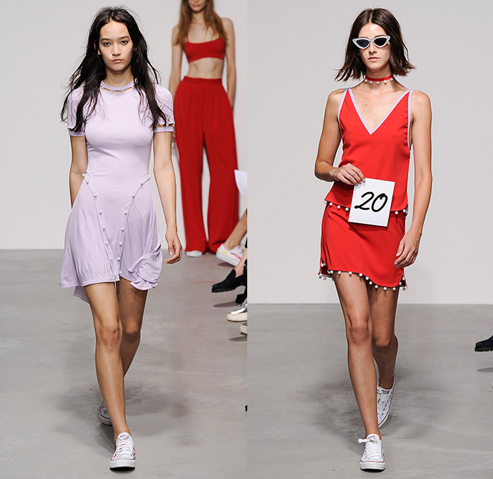 Adam Selman 2015 Spring Summer Womens Runway Catwalk Looks - New York Fashion Week - Pseudo Denim Jeans Crop Top Ruffles Midriff Wide Leg Palazzo Pants Trousers Sneakers Pearls 3D Embellishments Trucker Jacket Skirt Frock Miniskirt Tweed Silk Oversized Outerwear Bombercoat Bib Brace Jumper Romper Overalls Onesie Jumpsuit Coveralls Sweater Shorts Maillot Swimwear Swimsuit Tankdress Dress Color Streaks