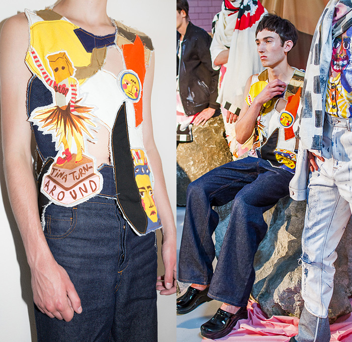 Alex Mullins 2015 Spring Summer Mens Lookbook Presentation - London Collections: Men British Fashion Council UK United Kingdom - Mix Match Patterns Stripes Swirl Denim Jeans Patchwork Destructed Destroyed Frayed Holes Tank Top Sleeveless Pop Art Acid Wash Bleached Retro Tattered Shorts Graffiti Motorcycle Biker Moto Rider