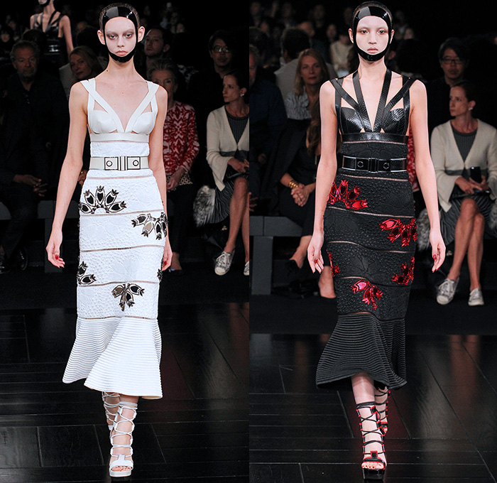 Alexander McQueen 2015 Spring Summer Womens Runway Catwalk Looks - Mode à Paris Fashion Week Prêt-à-Porter Mode Féminin Femme France Sarah Burton - Cherry Blossoms Japan Kimono Wrap Geisha Garb Silk Jacquard Lantern Hanging Wide Sleeves Face Mask Flowers Dress Dress Low Neckline Belted Waist Embroidery Coatdress Sheer Chiffon Tulle Flare Pants Trousers Mesh Crochet Wreath 3D Leaves Foliage Banded Straps Ruffles Tiered