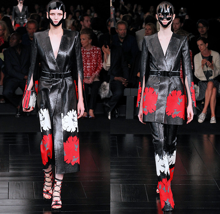 Alexander McQueen 2015 Spring Summer Womens Runway Catwalk Looks - Mode à Paris Fashion Week Prêt-à-Porter Mode Féminin Femme France Sarah Burton - Cherry Blossoms Japan Kimono Wrap Geisha Garb Silk Jacquard Lantern Hanging Wide Sleeves Face Mask Flowers Dress Dress Low Neckline Belted Waist Embroidery Coatdress Sheer Chiffon Tulle Flare Pants Trousers Mesh Crochet Wreath 3D Leaves Foliage Banded Straps Ruffles Tiered