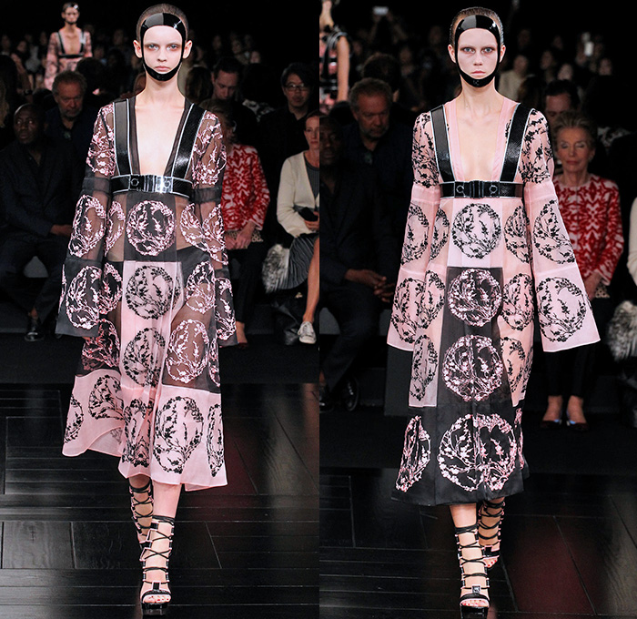 Alexander McQueen 2015 Spring Summer Womens Runway Catwalk Looks - Mode à Paris Fashion Week Prêt-à-Porter Mode Féminin Femme France Sarah Burton - Cherry Blossoms Japan Kimono Wrap Geisha Garb Silk Jacquard Lantern Hanging Wide Sleeves Face Mask Flowers Dress Dress Low Neckline Belted Waist Embroidery Coatdress Sheer Chiffon Tulle Flare Pants Trousers Mesh Crochet Wreath 3D Leaves Foliage Banded Straps Ruffles Tiered