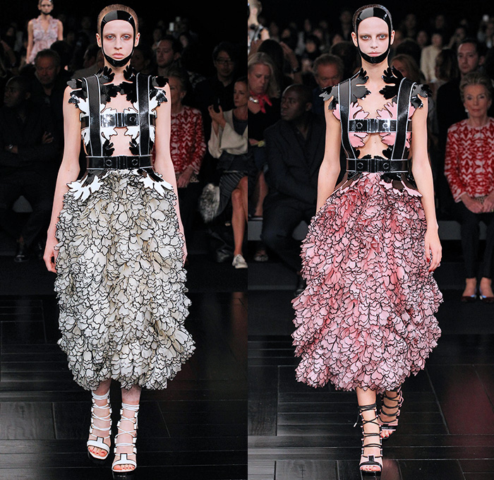 Alexander McQueen 2015 Spring Summer Womens Runway Catwalk Looks - Mode à Paris Fashion Week Prêt-à-Porter Mode Féminin Femme France Sarah Burton - Cherry Blossoms Japan Kimono Wrap Geisha Garb Silk Jacquard Lantern Hanging Wide Sleeves Face Mask Flowers Dress Dress Low Neckline Belted Waist Embroidery Coatdress Sheer Chiffon Tulle Flare Pants Trousers Mesh Crochet Wreath 3D Leaves Foliage Banded Straps Ruffles Tiered