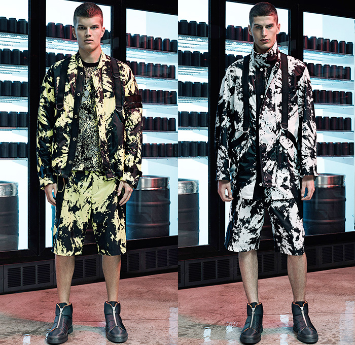 Alexander Wang 2015 Spring Summer Mens Lookbook Collection Presentation - Mode à Paris Fashion Week Mode Masculine France - Abstract Tie-Dye Paint Splatters Outerwear Outdoors Parka Coat Anorak Shorts Hoodie Backpack Rucksack Grosgrain Straps Boots Cargo Pockets Pants Trousers Drawstring Bomber Field Jacket Utility Pockets Suit Embossed Engraved Waffle Tire Threads Duffel Bag