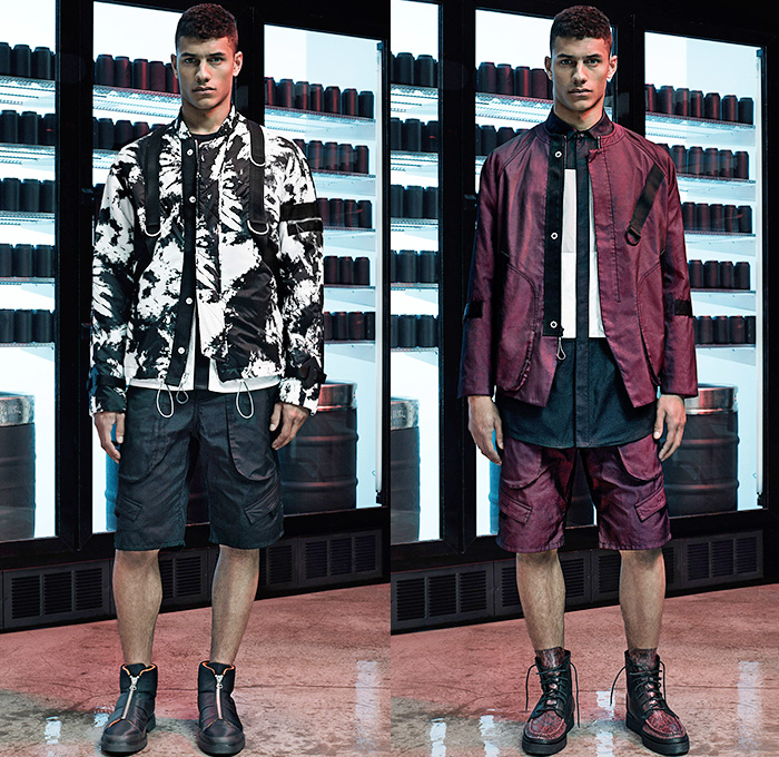 Alexander Wang 2015 Spring Summer Mens Lookbook Collection Presentation - Mode à Paris Fashion Week Mode Masculine France - Abstract Tie-Dye Paint Splatters Outerwear Outdoors Parka Coat Anorak Shorts Hoodie Backpack Rucksack Grosgrain Straps Boots Cargo Pockets Pants Trousers Drawstring Bomber Field Jacket Utility Pockets Suit Embossed Engraved Waffle Tire Threads Duffel Bag