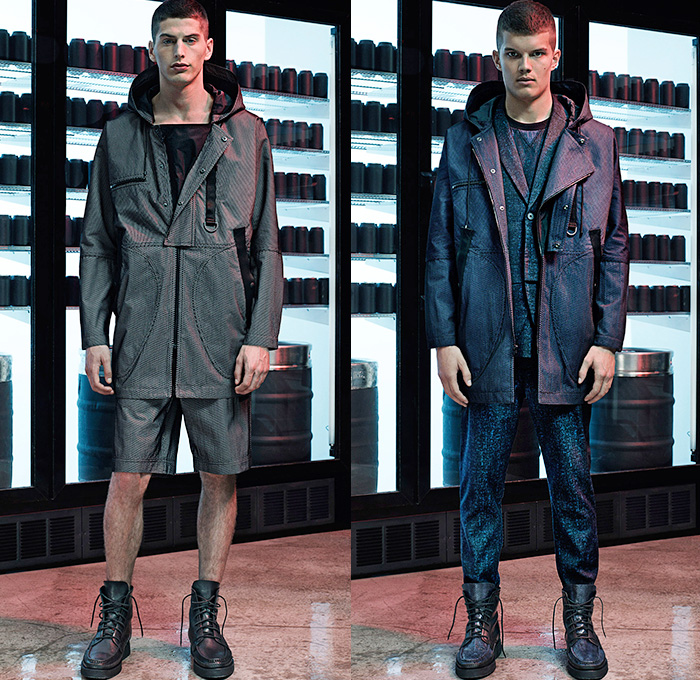 Alexander Wang 2015 Spring Summer Mens Lookbook Collection Presentation - Mode à Paris Fashion Week Mode Masculine France - Abstract Tie-Dye Paint Splatters Outerwear Outdoors Parka Coat Anorak Shorts Hoodie Backpack Rucksack Grosgrain Straps Boots Cargo Pockets Pants Trousers Drawstring Bomber Field Jacket Utility Pockets Suit Embossed Engraved Waffle Tire Threads Duffel Bag