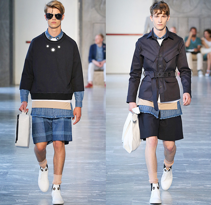 Andrea Pompilio 2015 Spring Summer Mens Runway Looks - Milano Moda Uomo Collezione Milan Fashion Week Italy Camera Nazionale della Moda Italiana - Denim Jeans Outerwear Trench Coat Socks with Sandals Long Shirt Accordion Pleats Sweater Jumper Holes Perforated Grommet Shorts Cargo Pockets Long Coat Paperbag Lunchbox Banded Strap Blazer Suit Embroidery 3D Foliage Leaves Spiked Collar Sequins White Layers Field Jacket Pants Trousers