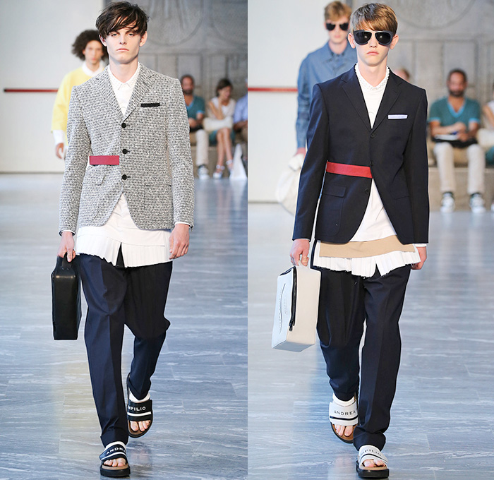 Andrea Pompilio 2015 Spring Summer Mens Runway Looks - Milano Moda Uomo Collezione Milan Fashion Week Italy Camera Nazionale della Moda Italiana - Denim Jeans Outerwear Trench Coat Socks with Sandals Long Shirt Accordion Pleats Sweater Jumper Holes Perforated Grommet Shorts Cargo Pockets Long Coat Paperbag Lunchbox Banded Strap Blazer Suit Embroidery 3D Foliage Leaves Spiked Collar Sequins White Layers Field Jacket Pants Trousers