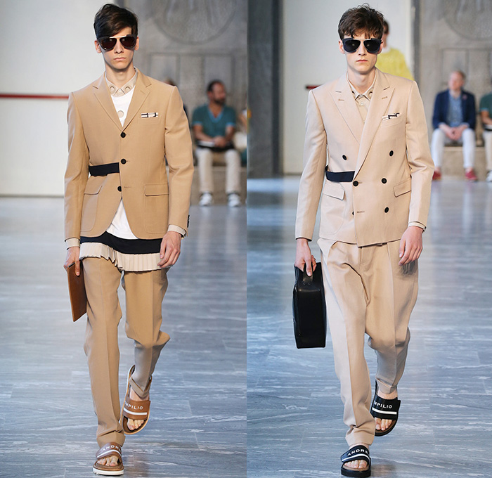 Andrea Pompilio 2015 Spring Summer Mens Runway Looks - Milano Moda Uomo Collezione Milan Fashion Week Italy Camera Nazionale della Moda Italiana - Denim Jeans Outerwear Trench Coat Socks with Sandals Long Shirt Accordion Pleats Sweater Jumper Holes Perforated Grommet Shorts Cargo Pockets Long Coat Paperbag Lunchbox Banded Strap Blazer Suit Embroidery 3D Foliage Leaves Spiked Collar Sequins White Layers Field Jacket Pants Trousers