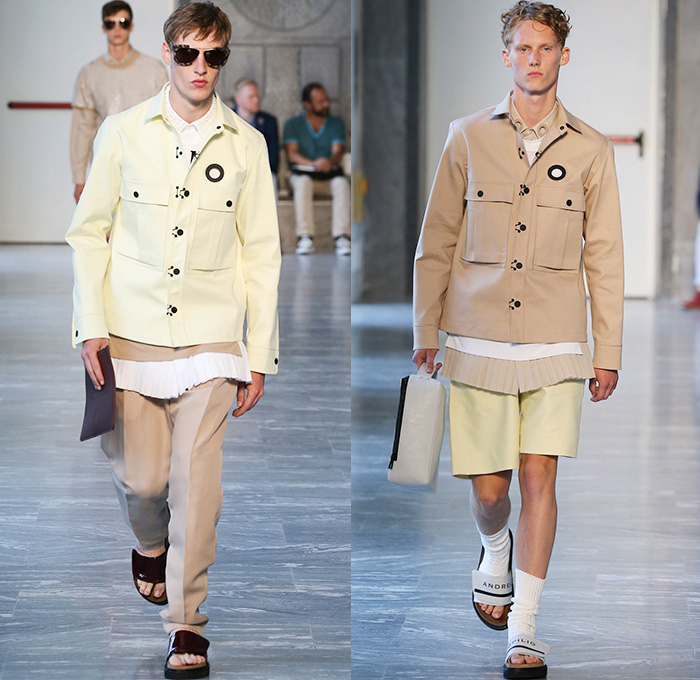 Andrea Pompilio 2015 Spring Summer Mens Runway Looks - Milano Moda Uomo Collezione Milan Fashion Week Italy Camera Nazionale della Moda Italiana - Denim Jeans Outerwear Trench Coat Socks with Sandals Long Shirt Accordion Pleats Sweater Jumper Holes Perforated Grommet Shorts Cargo Pockets Long Coat Paperbag Lunchbox Banded Strap Blazer Suit Embroidery 3D Foliage Leaves Spiked Collar Sequins White Layers Field Jacket Pants Trousers