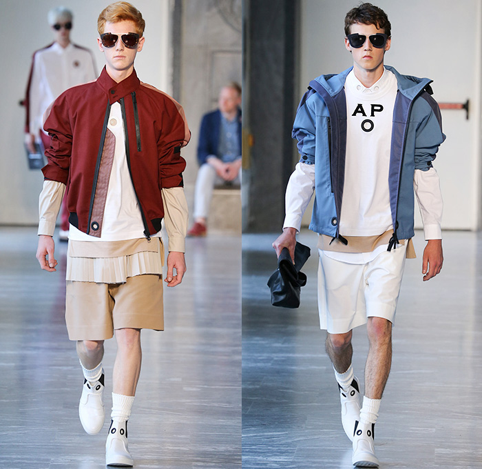 Andrea Pompilio 2015 Spring Summer Mens Runway Looks - Milano Moda Uomo Collezione Milan Fashion Week Italy Camera Nazionale della Moda Italiana - Denim Jeans Outerwear Trench Coat Socks with Sandals Long Shirt Accordion Pleats Sweater Jumper Holes Perforated Grommet Shorts Cargo Pockets Long Coat Paperbag Lunchbox Banded Strap Blazer Suit Embroidery 3D Foliage Leaves Spiked Collar Sequins White Layers Field Jacket Pants Trousers