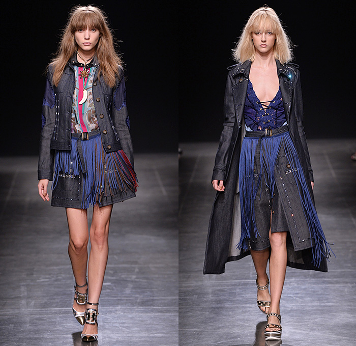 Angelo Marani 2015 Spring Summer Womens Runway Looks - Milano Moda Donna Collezione Milan Fashion Week Italy - Denim Jeans Vest Waistcoat Geometric Fringes Patchwork 1960s Sixties Bohemian Suede Colorblock Embroidery 3D Embellishments Adornments Bejeweled Wide Leg Palazzo Pants Trousers Hoodie Knit Sweatershirt Lace Up Outerwear Coat Skirt Frock Flowers Florals Blouse Sheer Organza Suede Midi Maxi Miniskirt Sequins