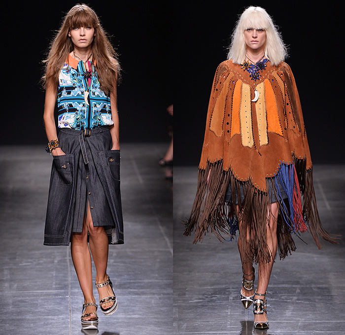Angelo Marani 2015 Spring Summer Womens Runway Looks - Milano Moda Donna Collezione Milan Fashion Week Italy - Denim Jeans Vest Waistcoat Geometric Fringes Patchwork 1960s Sixties Bohemian Suede Colorblock Embroidery 3D Embellishments Adornments Bejeweled Wide Leg Palazzo Pants Trousers Hoodie Knit Sweatershirt Lace Up Outerwear Coat Skirt Frock Flowers Florals Blouse Sheer Organza Suede Midi Maxi Miniskirt Sequins