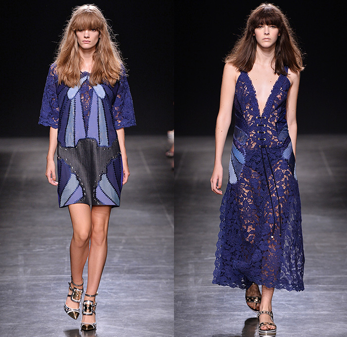 Angelo Marani 2015 Spring Summer Womens Runway Looks - Milano Moda Donna Collezione Milan Fashion Week Italy - Denim Jeans Vest Waistcoat Geometric Fringes Patchwork 1960s Sixties Bohemian Suede Colorblock Embroidery 3D Embellishments Adornments Bejeweled Wide Leg Palazzo Pants Trousers Hoodie Knit Sweatershirt Lace Up Outerwear Coat Skirt Frock Flowers Florals Blouse Sheer Organza Suede Midi Maxi Miniskirt Sequins