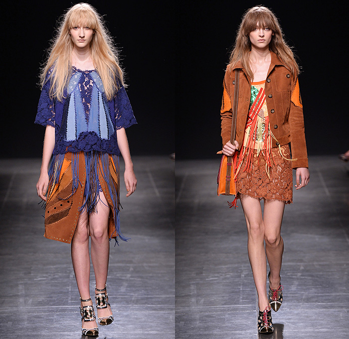 Angelo Marani 2015 Spring Summer Womens Runway Looks - Milano Moda Donna Collezione Milan Fashion Week Italy - Denim Jeans Vest Waistcoat Geometric Fringes Patchwork 1960s Sixties Bohemian Suede Colorblock Embroidery 3D Embellishments Adornments Bejeweled Wide Leg Palazzo Pants Trousers Hoodie Knit Sweatershirt Lace Up Outerwear Coat Skirt Frock Flowers Florals Blouse Sheer Organza Suede Midi Maxi Miniskirt Sequins