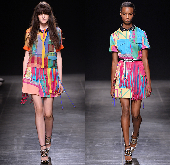 Angelo Marani 2015 Spring Summer Womens Runway Looks - Milano Moda Donna Collezione Milan Fashion Week Italy - Denim Jeans Vest Waistcoat Geometric Fringes Patchwork 1960s Sixties Bohemian Suede Colorblock Embroidery 3D Embellishments Adornments Bejeweled Wide Leg Palazzo Pants Trousers Hoodie Knit Sweatershirt Lace Up Outerwear Coat Skirt Frock Flowers Florals Blouse Sheer Organza Suede Midi Maxi Miniskirt Sequins