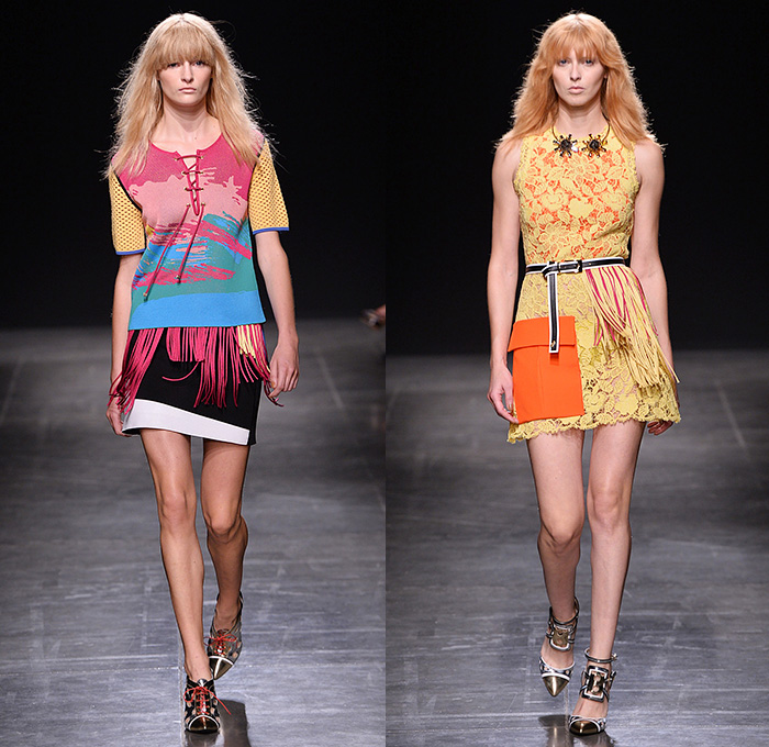 Angelo Marani 2015 Spring Summer Womens Runway Looks - Milano Moda Donna Collezione Milan Fashion Week Italy - Denim Jeans Vest Waistcoat Geometric Fringes Patchwork 1960s Sixties Bohemian Suede Colorblock Embroidery 3D Embellishments Adornments Bejeweled Wide Leg Palazzo Pants Trousers Hoodie Knit Sweatershirt Lace Up Outerwear Coat Skirt Frock Flowers Florals Blouse Sheer Organza Suede Midi Maxi Miniskirt Sequins