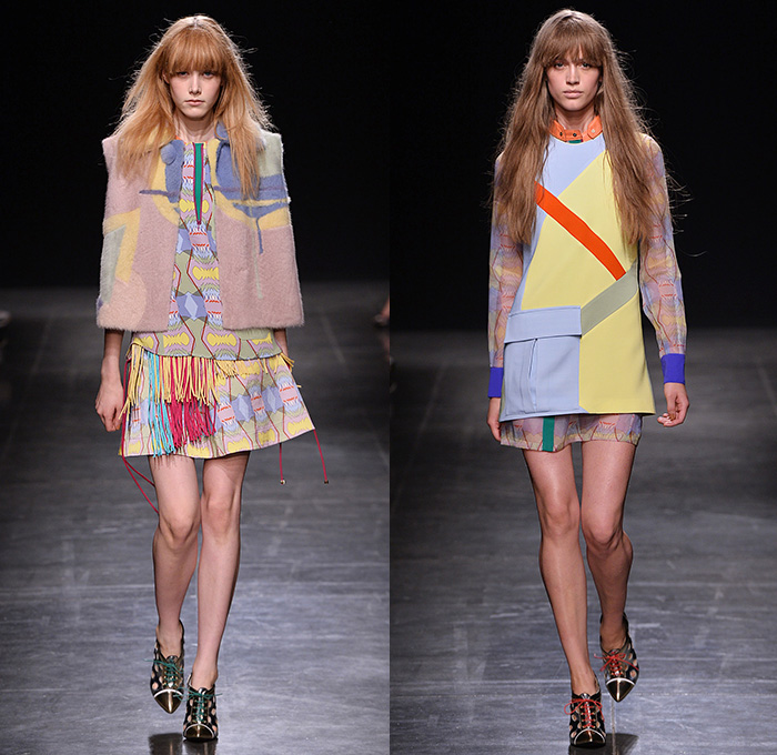 Angelo Marani 2015 Spring Summer Womens Runway Looks - Milano Moda Donna Collezione Milan Fashion Week Italy - Denim Jeans Vest Waistcoat Geometric Fringes Patchwork 1960s Sixties Bohemian Suede Colorblock Embroidery 3D Embellishments Adornments Bejeweled Wide Leg Palazzo Pants Trousers Hoodie Knit Sweatershirt Lace Up Outerwear Coat Skirt Frock Flowers Florals Blouse Sheer Organza Suede Midi Maxi Miniskirt Sequins