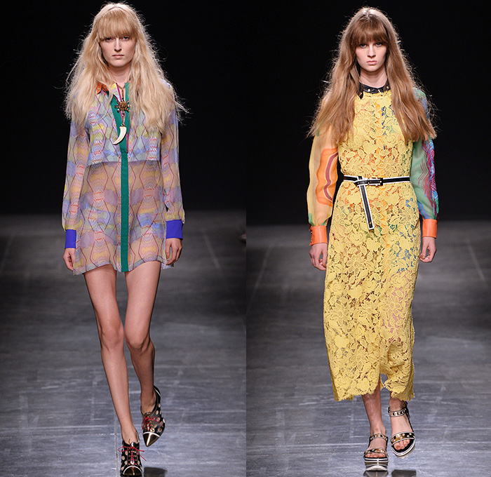 Angelo Marani 2015 Spring Summer Womens Runway Looks - Milano Moda Donna Collezione Milan Fashion Week Italy - Denim Jeans Vest Waistcoat Geometric Fringes Patchwork 1960s Sixties Bohemian Suede Colorblock Embroidery 3D Embellishments Adornments Bejeweled Wide Leg Palazzo Pants Trousers Hoodie Knit Sweatershirt Lace Up Outerwear Coat Skirt Frock Flowers Florals Blouse Sheer Organza Suede Midi Maxi Miniskirt Sequins