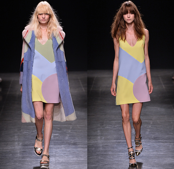 Angelo Marani 2015 Spring Summer Womens Runway Looks - Milano Moda Donna Collezione Milan Fashion Week Italy - Denim Jeans Vest Waistcoat Geometric Fringes Patchwork 1960s Sixties Bohemian Suede Colorblock Embroidery 3D Embellishments Adornments Bejeweled Wide Leg Palazzo Pants Trousers Hoodie Knit Sweatershirt Lace Up Outerwear Coat Skirt Frock Flowers Florals Blouse Sheer Organza Suede Midi Maxi Miniskirt Sequins