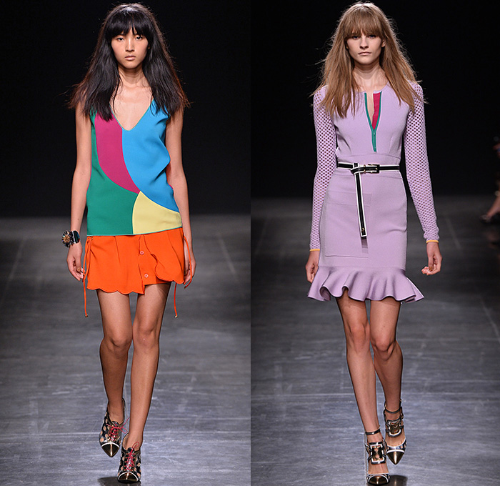 Angelo Marani 2015 Spring Summer Womens Runway Looks - Milano Moda Donna Collezione Milan Fashion Week Italy - Denim Jeans Vest Waistcoat Geometric Fringes Patchwork 1960s Sixties Bohemian Suede Colorblock Embroidery 3D Embellishments Adornments Bejeweled Wide Leg Palazzo Pants Trousers Hoodie Knit Sweatershirt Lace Up Outerwear Coat Skirt Frock Flowers Florals Blouse Sheer Organza Suede Midi Maxi Miniskirt Sequins