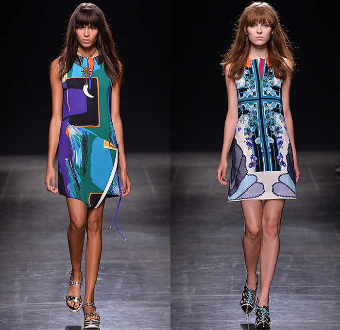 Angelo Marani 2015 Spring Summer Womens Runway Looks - Milano Moda Donna Collezione Milan Fashion Week Italy - Denim Jeans Vest Waistcoat Geometric Fringes Patchwork 1960s Sixties Bohemian Suede Colorblock Embroidery 3D Embellishments Adornments Bejeweled Wide Leg Palazzo Pants Trousers Hoodie Knit Sweatershirt Lace Up Outerwear Coat Skirt Frock Flowers Florals Blouse Sheer Organza Suede Midi Maxi Miniskirt Sequins