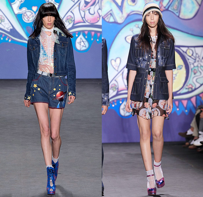 Anna Sui 2015 Spring Summer Womens Runway Catwalk Looks - Mercedes-Benz Fashion Week New York MBFW NYFW - 1970s Seventies Psychedelic Bohemian Denim Jeans 3D Embellishments Adornments Bejeweled Shorts Embroidery Bow Flowers Florals Flare Wide Leg Trousers Palazzo Pants Sequins Crop Top Midriff Dress Skirt Frock Knit Sweater Jumper Polka Dots Ruffles Maxi Babydoll Dress Glitters Stripes Tassels Crochet Mesh Stars