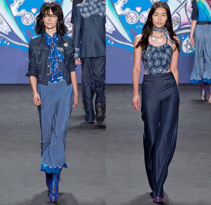 Anna Sui 2015 Spring Summer Womens Runway Catwalk Looks - Mercedes-Benz Fashion Week New York MBFW NYFW - 1970s Seventies Psychedelic Bohemian Denim Jeans 3D Embellishments Adornments Bejeweled Shorts Embroidery Bow Flowers Florals Flare Wide Leg Trousers Palazzo Pants Sequins Crop Top Midriff Dress Skirt Frock Knit Sweater Jumper Polka Dots Ruffles Maxi Babydoll Dress Glitters Stripes Tassels Crochet Mesh Stars