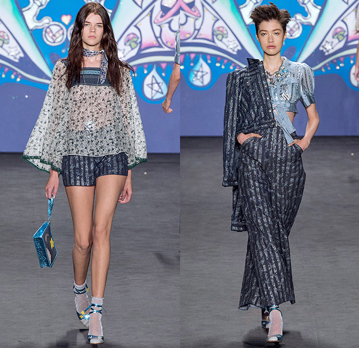 Anna Sui 2015 Spring Summer Womens Runway Catwalk Looks - Mercedes-Benz Fashion Week New York MBFW NYFW - 1970s Seventies Psychedelic Bohemian Denim Jeans 3D Embellishments Adornments Bejeweled Shorts Embroidery Bow Flowers Florals Flare Wide Leg Trousers Palazzo Pants Sequins Crop Top Midriff Dress Skirt Frock Knit Sweater Jumper Polka Dots Ruffles Maxi Babydoll Dress Glitters Stripes Tassels Crochet Mesh Stars