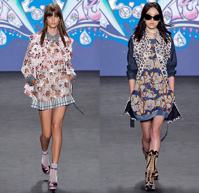 Anna Sui 2015 Spring Summer Womens Runway Catwalk Looks - Mercedes-Benz Fashion Week New York MBFW NYFW - 1970s Seventies Psychedelic Bohemian Denim Jeans 3D Embellishments Adornments Bejeweled Shorts Embroidery Bow Flowers Florals Flare Wide Leg Trousers Palazzo Pants Sequins Crop Top Midriff Dress Skirt Frock Knit Sweater Jumper Polka Dots Ruffles Maxi Babydoll Dress Glitters Stripes Tassels Crochet Mesh Stars