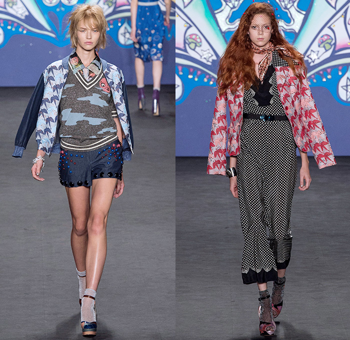 Anna Sui 2015 Spring Summer Womens Runway Catwalk Looks - Mercedes-Benz Fashion Week New York MBFW NYFW - 1970s Seventies Psychedelic Bohemian Denim Jeans 3D Embellishments Adornments Bejeweled Shorts Embroidery Bow Flowers Florals Flare Wide Leg Trousers Palazzo Pants Sequins Crop Top Midriff Dress Skirt Frock Knit Sweater Jumper Polka Dots Ruffles Maxi Babydoll Dress Glitters Stripes Tassels Crochet Mesh Stars