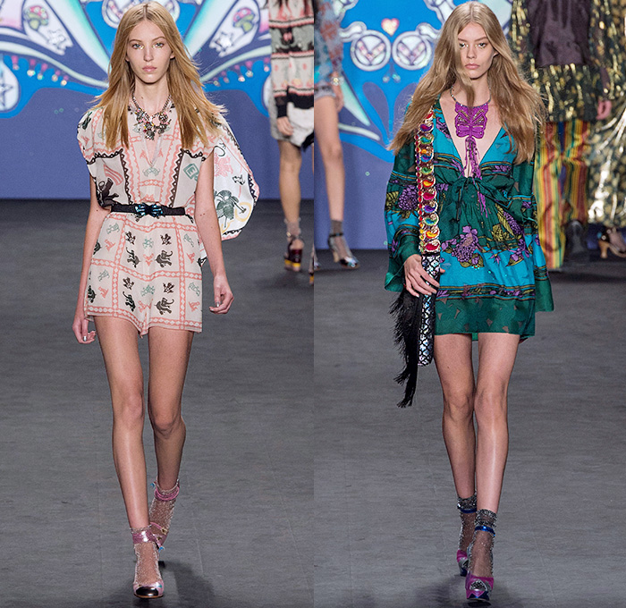 Anna Sui 2015 Spring Summer Womens Runway Catwalk Looks - Mercedes-Benz Fashion Week New York MBFW NYFW - 1970s Seventies Psychedelic Bohemian Denim Jeans 3D Embellishments Adornments Bejeweled Shorts Embroidery Bow Flowers Florals Flare Wide Leg Trousers Palazzo Pants Sequins Crop Top Midriff Dress Skirt Frock Knit Sweater Jumper Polka Dots Ruffles Maxi Babydoll Dress Glitters Stripes Tassels Crochet Mesh Stars