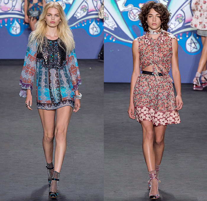 Anna Sui 2015 Spring Summer Womens Runway Catwalk Looks - Mercedes-Benz Fashion Week New York MBFW NYFW - 1970s Seventies Psychedelic Bohemian Denim Jeans 3D Embellishments Adornments Bejeweled Shorts Embroidery Bow Flowers Florals Flare Wide Leg Trousers Palazzo Pants Sequins Crop Top Midriff Dress Skirt Frock Knit Sweater Jumper Polka Dots Ruffles Maxi Babydoll Dress Glitters Stripes Tassels Crochet Mesh Stars