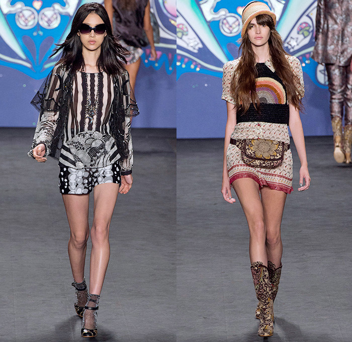 Anna Sui 2015 Spring Summer Womens Runway Catwalk Looks - Mercedes-Benz Fashion Week New York MBFW NYFW - 1970s Seventies Psychedelic Bohemian Denim Jeans 3D Embellishments Adornments Bejeweled Shorts Embroidery Bow Flowers Florals Flare Wide Leg Trousers Palazzo Pants Sequins Crop Top Midriff Dress Skirt Frock Knit Sweater Jumper Polka Dots Ruffles Maxi Babydoll Dress Glitters Stripes Tassels Crochet Mesh Stars