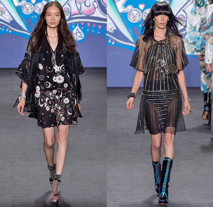 Anna Sui 2015 Spring Summer Womens Runway Catwalk Looks - Mercedes-Benz Fashion Week New York MBFW NYFW - 1970s Seventies Psychedelic Bohemian Denim Jeans 3D Embellishments Adornments Bejeweled Shorts Embroidery Bow Flowers Florals Flare Wide Leg Trousers Palazzo Pants Sequins Crop Top Midriff Dress Skirt Frock Knit Sweater Jumper Polka Dots Ruffles Maxi Babydoll Dress Glitters Stripes Tassels Crochet Mesh Stars