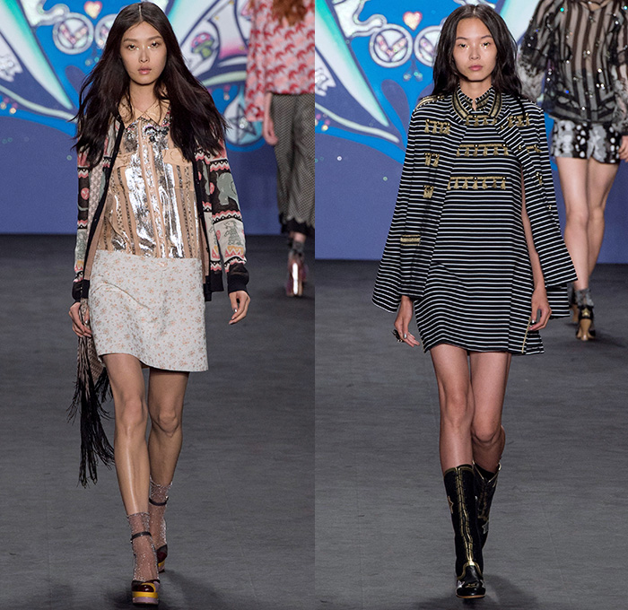 Anna Sui 2015 Spring Summer Womens Runway Catwalk Looks - Mercedes-Benz Fashion Week New York MBFW NYFW - 1970s Seventies Psychedelic Bohemian Denim Jeans 3D Embellishments Adornments Bejeweled Shorts Embroidery Bow Flowers Florals Flare Wide Leg Trousers Palazzo Pants Sequins Crop Top Midriff Dress Skirt Frock Knit Sweater Jumper Polka Dots Ruffles Maxi Babydoll Dress Glitters Stripes Tassels Crochet Mesh Stars