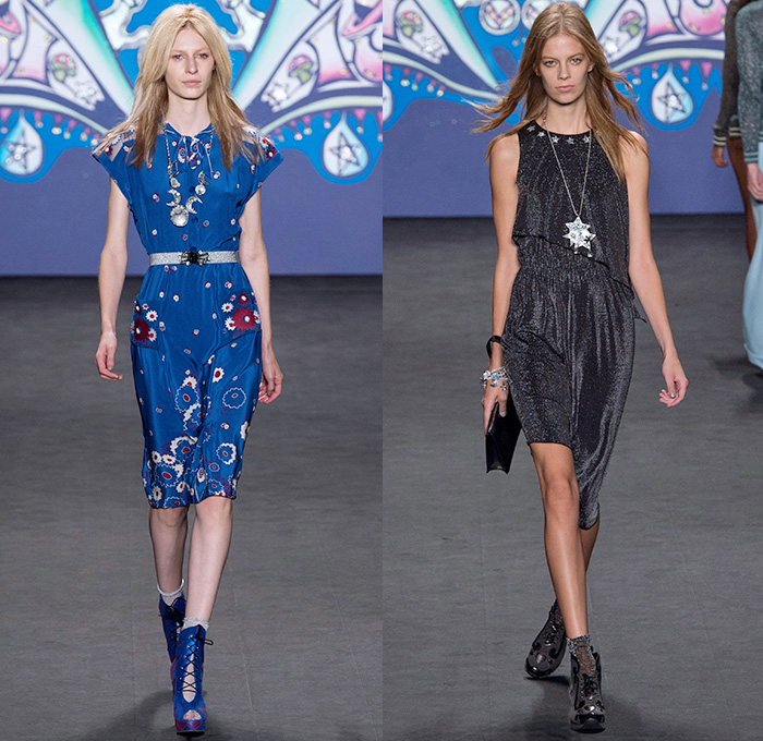 Anna Sui 2015 Spring Summer Womens Runway Catwalk Looks - Mercedes-Benz Fashion Week New York MBFW NYFW - 1970s Seventies Psychedelic Bohemian Denim Jeans 3D Embellishments Adornments Bejeweled Shorts Embroidery Bow Flowers Florals Flare Wide Leg Trousers Palazzo Pants Sequins Crop Top Midriff Dress Skirt Frock Knit Sweater Jumper Polka Dots Ruffles Maxi Babydoll Dress Glitters Stripes Tassels Crochet Mesh Stars