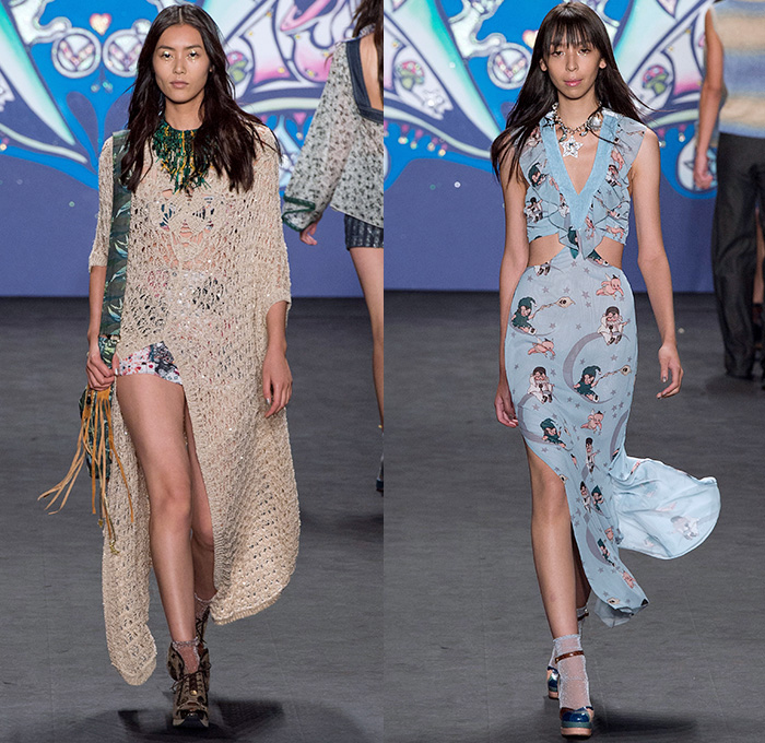 Anna Sui 2015 Spring Summer Womens Runway Catwalk Looks - Mercedes-Benz Fashion Week New York MBFW NYFW - 1970s Seventies Psychedelic Bohemian Denim Jeans 3D Embellishments Adornments Bejeweled Shorts Embroidery Bow Flowers Florals Flare Wide Leg Trousers Palazzo Pants Sequins Crop Top Midriff Dress Skirt Frock Knit Sweater Jumper Polka Dots Ruffles Maxi Babydoll Dress Glitters Stripes Tassels Crochet Mesh Stars