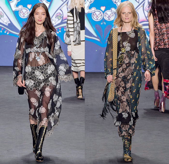 Anna Sui 2015 Spring Summer Womens Runway Catwalk Looks - Mercedes-Benz Fashion Week New York MBFW NYFW - 1970s Seventies Psychedelic Bohemian Denim Jeans 3D Embellishments Adornments Bejeweled Shorts Embroidery Bow Flowers Florals Flare Wide Leg Trousers Palazzo Pants Sequins Crop Top Midriff Dress Skirt Frock Knit Sweater Jumper Polka Dots Ruffles Maxi Babydoll Dress Glitters Stripes Tassels Crochet Mesh Stars