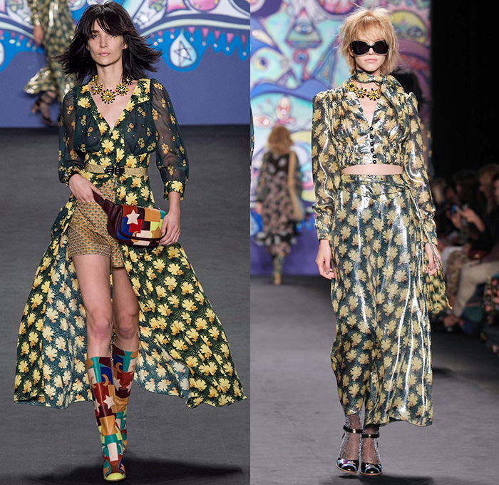 Anna Sui 2015 Spring Summer Womens Runway Catwalk Looks - Mercedes-Benz Fashion Week New York MBFW NYFW - 1970s Seventies Psychedelic Bohemian Denim Jeans 3D Embellishments Adornments Bejeweled Shorts Embroidery Bow Flowers Florals Flare Wide Leg Trousers Palazzo Pants Sequins Crop Top Midriff Dress Skirt Frock Knit Sweater Jumper Polka Dots Ruffles Maxi Babydoll Dress Glitters Stripes Tassels Crochet Mesh Stars