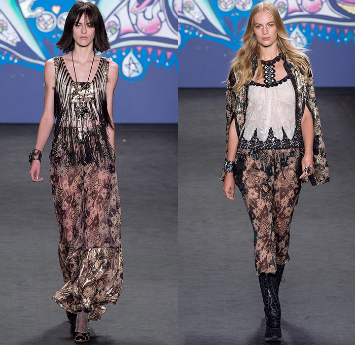 Anna Sui 2015 Spring Summer Womens Runway Catwalk Looks - Mercedes-Benz Fashion Week New York MBFW NYFW - 1970s Seventies Psychedelic Bohemian Denim Jeans 3D Embellishments Adornments Bejeweled Shorts Embroidery Bow Flowers Florals Flare Wide Leg Trousers Palazzo Pants Sequins Crop Top Midriff Dress Skirt Frock Knit Sweater Jumper Polka Dots Ruffles Maxi Babydoll Dress Glitters Stripes Tassels Crochet Mesh Stars