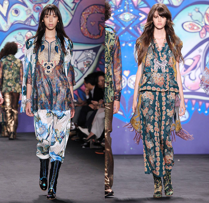 Anna Sui 2015 Spring Summer Womens Runway Catwalk Looks - Mercedes-Benz Fashion Week New York MBFW NYFW - 1970s Seventies Psychedelic Bohemian Denim Jeans 3D Embellishments Adornments Bejeweled Shorts Embroidery Bow Flowers Florals Flare Wide Leg Trousers Palazzo Pants Sequins Crop Top Midriff Dress Skirt Frock Knit Sweater Jumper Polka Dots Ruffles Maxi Babydoll Dress Glitters Stripes Tassels Crochet Mesh Stars