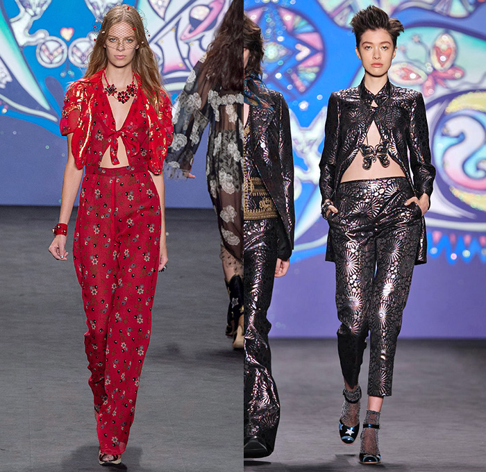 Anna Sui 2015 Spring Summer Womens Runway Catwalk Looks - Mercedes-Benz Fashion Week New York MBFW NYFW - 1970s Seventies Psychedelic Bohemian Denim Jeans 3D Embellishments Adornments Bejeweled Shorts Embroidery Bow Flowers Florals Flare Wide Leg Trousers Palazzo Pants Sequins Crop Top Midriff Dress Skirt Frock Knit Sweater Jumper Polka Dots Ruffles Maxi Babydoll Dress Glitters Stripes Tassels Crochet Mesh Stars