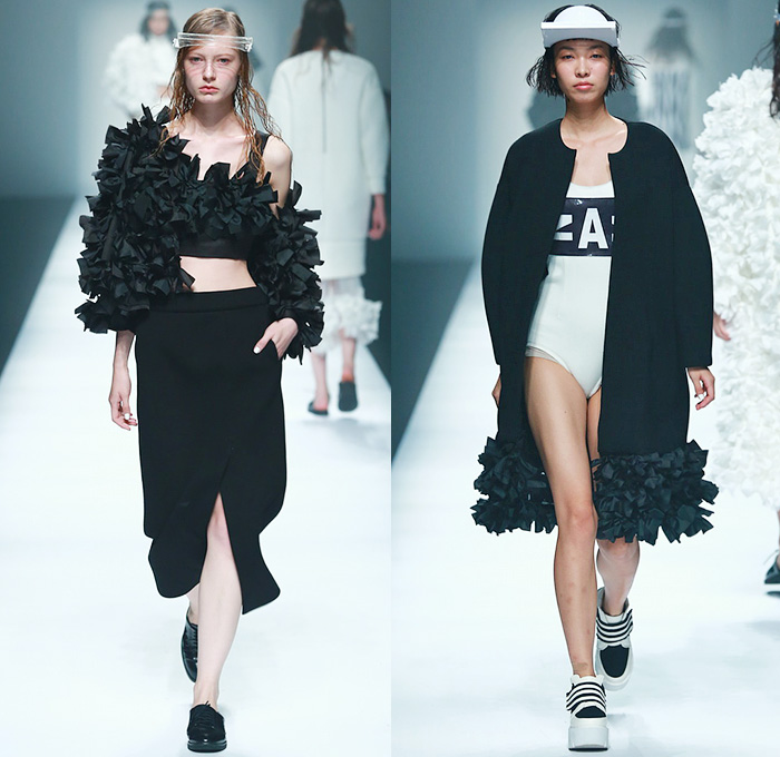 ANNAKIKI 2015 Spring Summer Womens Runway Catwalk Looks - Shanghai Fashion Week China - Denim Jeans Jumpsuit Drawings Lips Mouth Patchwork Outerwear Coat Visor Crop Top Midriff Shorts Concave Curved Hem Poodle Circle Circular Skirt Frock Dress Plastic Sheer Chiffon Ruffles Logo Typography Swimwear Overcoat Sweaterdress Knit Mesh White Ensemble Sweater Jumper Coatdress